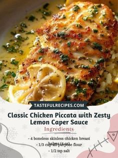 a flyer for a lemon caper sauce with chicken and vegetables on the side in a white bowl