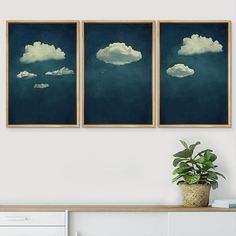 three framed pictures hanging on the wall above a dresser with a potted plant next to it