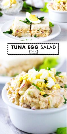 tuna egg salad in a white bowl on a table with text overlay that reads tuna egg salad