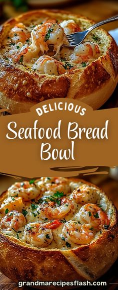 delicious seafood bread bowl with shrimp and cheese