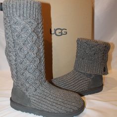 Welcome The Cooler Months In Comfort With These Ugg Australia Classic Cardi Cabled-Knit Boots, Crafted In Soft Knit Fabric With A Cozy Uggplush Wool-Blend Footbed And Grippy Sugarsole Eva Outsole Soft Cable-Knit Shaft With Rib-Knit Cuff And Foot Suede Heel Partial Side-Zip Closure For Easy On-Off Cushioned Footbed With 17 Mm Uggplush Wool-Blend Top Cover Sugarsole Eva Outsole Can Be Worn Up Or Folded Down New In Box Guaranteed Authentic These Are Youth Size 5 And 6 Which Fit Women's Size 7 And 8. Order Your Women's Size Ugg Sweater Boots, Gray Knit Sweater, Gray Boots, Winter Fashion Boots, Knit Boots, Kids Uggs, Grey Boots, Grey Knit Sweater, Sweater Boots