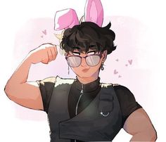 a drawing of a person with bunny ears on their head, wearing glasses and a black shirt