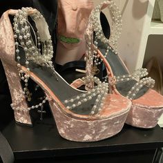 Good Condition. Dolls Kill Holy Revelations Women��’s Size 10 In Baby Pink Holy Revelation Platform Heels, Pink Velvet Heels, Pink Platform Sandals, Dolls Kill Shoes, Pink Platform, Sugar Thrillz, Velvet Heels, Sandals Women, Pink Velvet