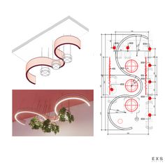 an architectural drawing and diagram of a spiral staircase with circular lights in the center, along with a graphic representation of what to expect