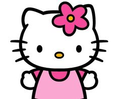 a hello kitty with a pink dress and flower on it's head, standing in front of a white background