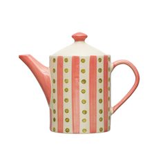 a pink and white striped tea pot with gold polka dots on the top, sitting in front of a white background