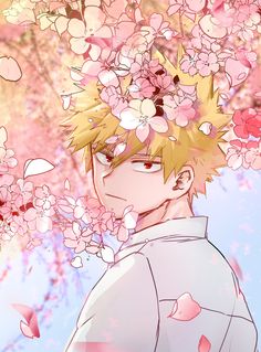 an anime character with flowers in his hair