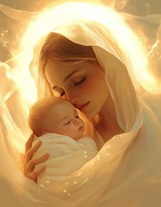 a painting of a woman holding a baby in her arms with the light shining through it