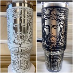 two pictures of the same cup with different designs on it, one has an image of jesus