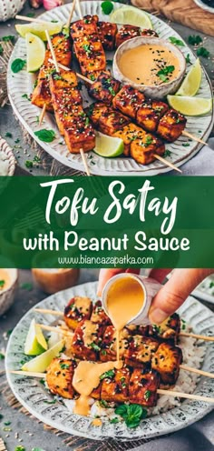 tofu satay with peanut sauce on a plate