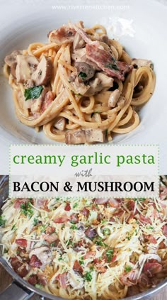 creamy garlic pasta with bacon and mushroom is an easy, delicious dinner that's ready in under 30 minutes