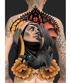 a man with tattoos on his back holding a bird and flowers in front of him