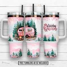 three travel mugs with the words camping queen and an image of a camper