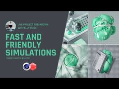 an advertisement for fast and friendly simulations, with images of green objects in the background