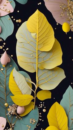 an image of some leaves and flowers on a black background with gold glitters in the middle