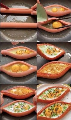 there are many pictures of eggs being cooked in pans with spoons and utensils