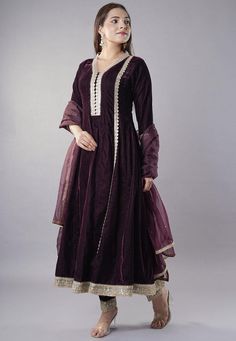 Readymade Velvet Anarkali Kameez in Wine Color. This attire with Cotton Lining is Enhanced with Resham and Sequins Work. Crafted in V Neck and Quarter Sleeve. Available with a Velvet Pant and an Organza Dupatta in Wine color. The Kameez and Bottom Lengths are 52 and 38 inches respectively.   Do note: 1.)Accessories shown in the image are for presentation purposes only and length may vary upto 2 inches. 2.)Slight variation in actual color vs. image is possible.   We sell all kinds of Salwar Kamee Purple Long Sleeve Anarkali Set For Festive Occasion, Purple Dabka Anarkali Set For Navratri, Anarkali Velvet Sharara For Navratri, Purple Long Sleeve Anarkali Set For Diwali, Purple Dabka Anarkali Set For Diwali, Semi-stitched Purple Anarkali Set With Dabka, Purple Semi-stitched Anarkali Set With Dabka, Purple Anarkali Set With Dabka Embroidery, Purple Long Sleeve Anarkali Set With Dupatta