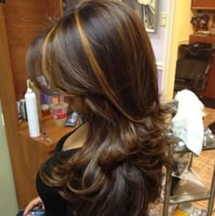 Chunky Highlights With Curtain Bangs, Gold Streaks In Brown Hair, Different Brown Hair Colors Ideas, Dark Brown Hair With Amber Highlights, Brown Hair With Highlights With Layers, Carmel Highlights On Brown Hair Chunky, Dyed Hair Black, Brown Streaks In Black Hair, Dyed Hair Brunette