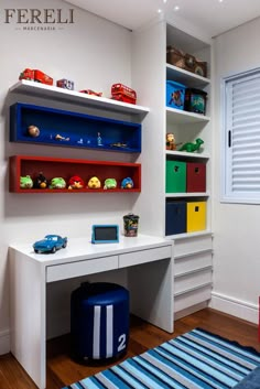 a white desk topped with lots of shelves filled with toys