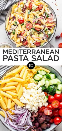 pasta salad with tomatoes, cucumber, olives and other vegetables in it