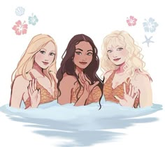 three beautiful women in the water with their hands on their hipss and one holding her chest