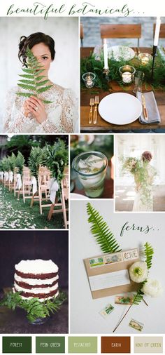 a collage of green and brown wedding colors