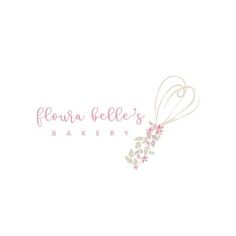 the logo for flour bee's bakery, with pink flowers and leaves on it