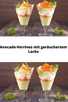 three glasses filled with food and garnishes on top of eachother