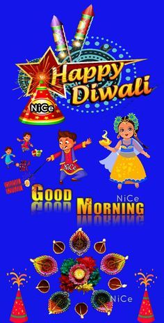 happy diwali greeting card with images and caption for good morning on blue background