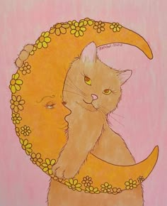 Art Cartoon Aesthetic, Party Animals Illustration, Celestial Cat Art, Cool Art Backgrounds, Cat Art Whimsical, Astrology Art Illustration, 70s Graphics, Whimsical Painting Ideas, Aesthetic Prints For Wall