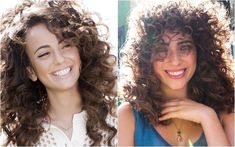 two different pictures of a woman with curly hair and blue shirt smiling at the camera