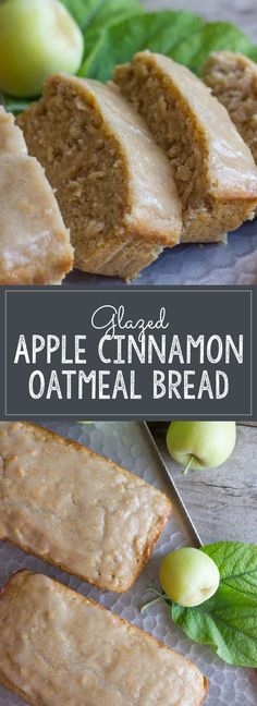 an apple cinnamon oatmeal bread cut into slices and placed on a cutting board