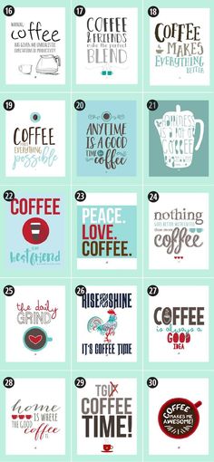 coffee typographs are shown in different colors and sizes, with the words on them