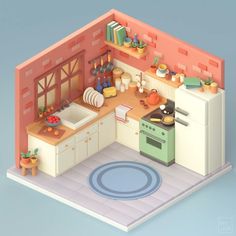 a small kitchen with an oven, sink and stove top on a blue floor area