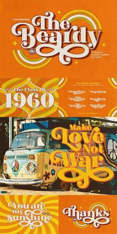 an orange poster with the words, the beachy and old school bus on it