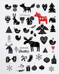 an image of christmas icons on a white background with black and red designs in the shape of animals