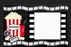 a film strip frame with popcorn, soda and movie reels on the side that says popcorn