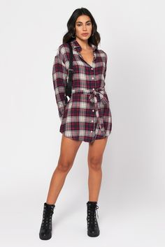 "It'S Straight Chillin' With The Good Times Red Multi Plaid Shirt Dress. This Plaid Flannel Shirt Dress Features A Cute Plaid Pattern With A Button Up Closure And Tying Waist Sash On A Lightweight Cotton Weave. Perfect For Fall, Pair This Front Tie Dress With Thigh High Boots And A Cup Of Cocoa." Plaid Flannel Shirt Dress, Front Tie Dress, Shirt Dress Fall, Button Up Mini Dress, Black Fringe Dress, Plaid Shirt Dress, Flannel Shirt Dress, Halter Bodycon Dress, White Shift Dresses