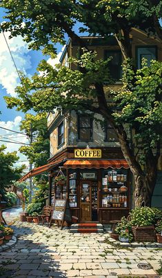 Scenery Landscape Drawing, Lofi Nature Wallpapers, Coffee Shop Painting Ideas, Lofi Art Wallpaper, Coffee Shop Aesthetic Wallpaper, Lofi Coffee Shop, Aesthetic Lofi Wallpaper, Ghibli Wallpaper Aesthetic, Coffee Shop Wallpaper