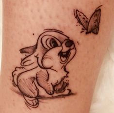 a cartoon character with a butterfly on her leg, and an outline of a bear