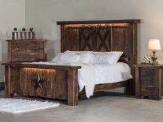 a bedroom scene with focus on the bed and nightstands that are made out of wood