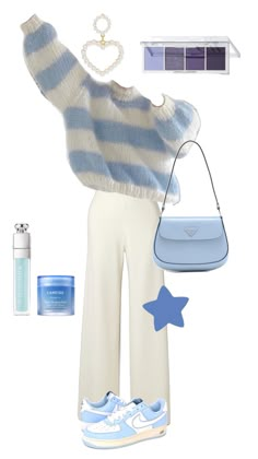 Blue Oufitts Ideas, Blue Trendy Outfits, Aesthetic Combination Outfit, Sky Blue Clothes Outfit, Blue And White Outfit Ideas Winter, Outfits In Blue, Retro Pastel Outfit, Cute Outfits Blue And White, Cute Blue Winter Outfits