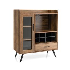 a wooden cabinet with glass doors and black legs