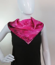 "Brilliant pink scarf, featuring a delicate fractal design. Digital printing on luxurious fine silk satin. Color is brightest on the shiny side, but also beautiful on the crepe side. *26\" square (69cm square) * Hand-rolled hem * Digitally printed original design * 100% silk satin * Dry clean only * Can be ironed, but use of a press cloth is recommended to prevent staining. * Arrives packed in an elegant gift-box . . . . . . . . . . . . . . . . . . . . . . . . . . . . . . . . . . . . . . . . . . Red Satin Scarves As Gifts, Pink Satin Scarf For Summer, Elegant Pink Satin Scarves, Elegant Pink Satin Scarf, Pink Square Silk Scarf, Square Satin Scarves Gift, Elegant Pink Silk Scarf For Formal Occasions, Elegant Red Square Silk Scarf, Elegant Pink Formal Scarves