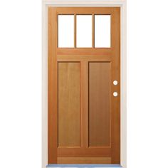 a wooden door with glass panels on the top and bottom panel, in front of a white wall