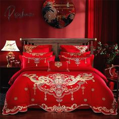 Pisoshare Red Chinese Wedding Embroidery 100% Cotton Bedding Set Luxury Duvet/Quilt Cover Bed Sheet Red Chinese Wedding, Phoenix Embroidery, Wedding Bed, Embroidered Duvet Cover, Embroidery Red, Cotton Bedding Set, Queen Size Duvet Covers, Chinese Cheongsam, Dragon Phoenix