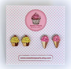 three cupcakes and two ice cream cones on a pink polka doted card