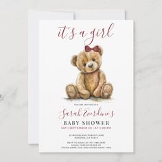 it's a girl teddy bear baby shower card