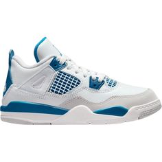 The 2024 Edition Of The Air Jordan 4 Retro Ps ‘Military Blue’ Brings Back An Og Colorway In A Scaled-Down Build Made For Little Kids. Constructed From Off-White Leather, The Upper Features Signature Aj4 Details, Including Quarter Panel Netting And Tpu Support Wings. A Vibrant Blue Jumpman Logo Graces The Woven Tongue Tag, Matching The Molded Eyelets And A Back Tab Marked With Nike Air Branding. A Two-Tone Foam Midsole Is Supported Underfoot By A Herringbone-Traction Rubber Outsole. * New Og All - Sku 1630 Cute Shoes For Men, Jordan 4s Blue, Jordan 4 Blue, Blue And White Shoes, Jordan 4s, Jumpman Logo, Jordan Sneakers, Jordan 4 Retro, Air Jordan 4 Retro