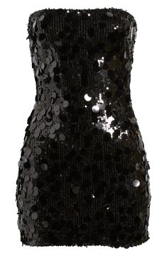 Oversized sequins shimmer and shake on this curve-hugging minidress topped with a chic strapless neckline. Square neck Strapless Polyester/spandex Hand wash, line dry Imported Lace Beaded Dress, Womens Sequin Dress, White And Black Formal Dress, Black Short Formal Dress, Night In New York Theme Dress, Black Strapless Hoco Dress, 2000s Strapless Dress, Winter Hoco Dresses, Shiny Short Dress